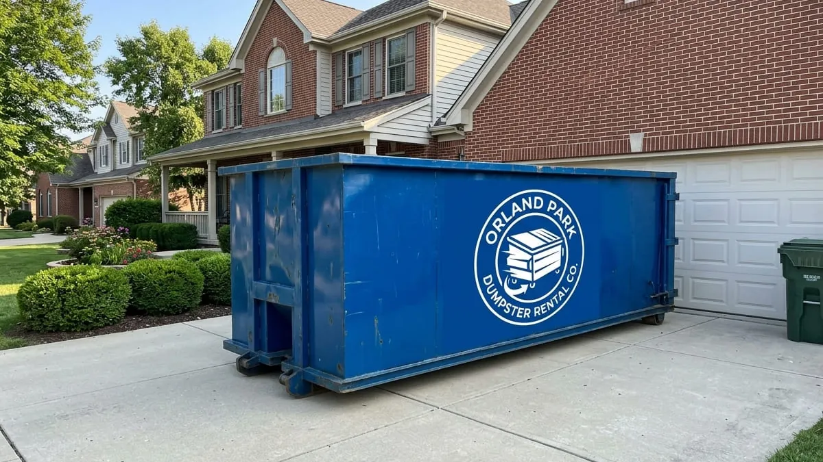 Orland Park Dumpster Rental crew standing with a roll-off truck and 30 yard dumpster in an Orland Park, IL driveway Orland Park Dumpster Rental crew standing with a roll-off truck and 30 yard dumpster in an Orland Park, IL driveway